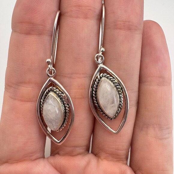 VTG Solid Sterling Silver 925 White Quartz Dangle Earrings Size 2" Length - Picture 7 of 10